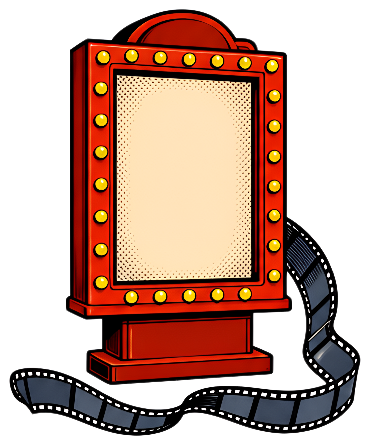 A vintage-style movie billboard frame is adorned with yellow light bulbs and a film strip flowing from the base. The center of the frame is blank, conveying a sense of absence or no upcoming shows. It