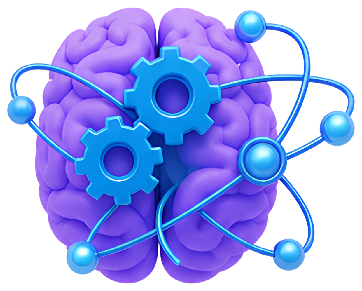 A vibrant 3D icon of a brain in purple color, featuring blue gears and floating quantum particles around it. The blue particles and connection lines create a dynamic sense of motion, enhancing the sci