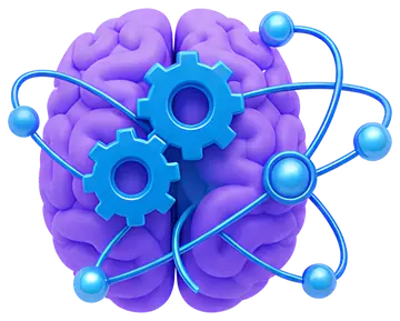 3D Brain Icon with Gears and Quantum Particles