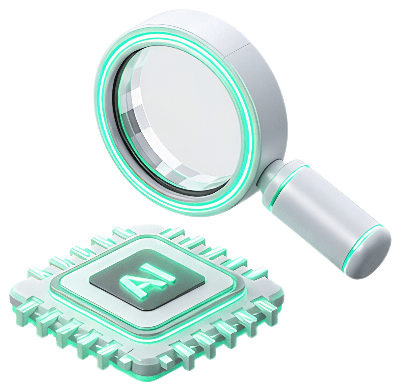 A white 3D magnifying glass features neon green highlights and is positioned above a glowing AI chip. The chip has intricate details and emanates a futuristic vibe, enhanced by the glowing accents.