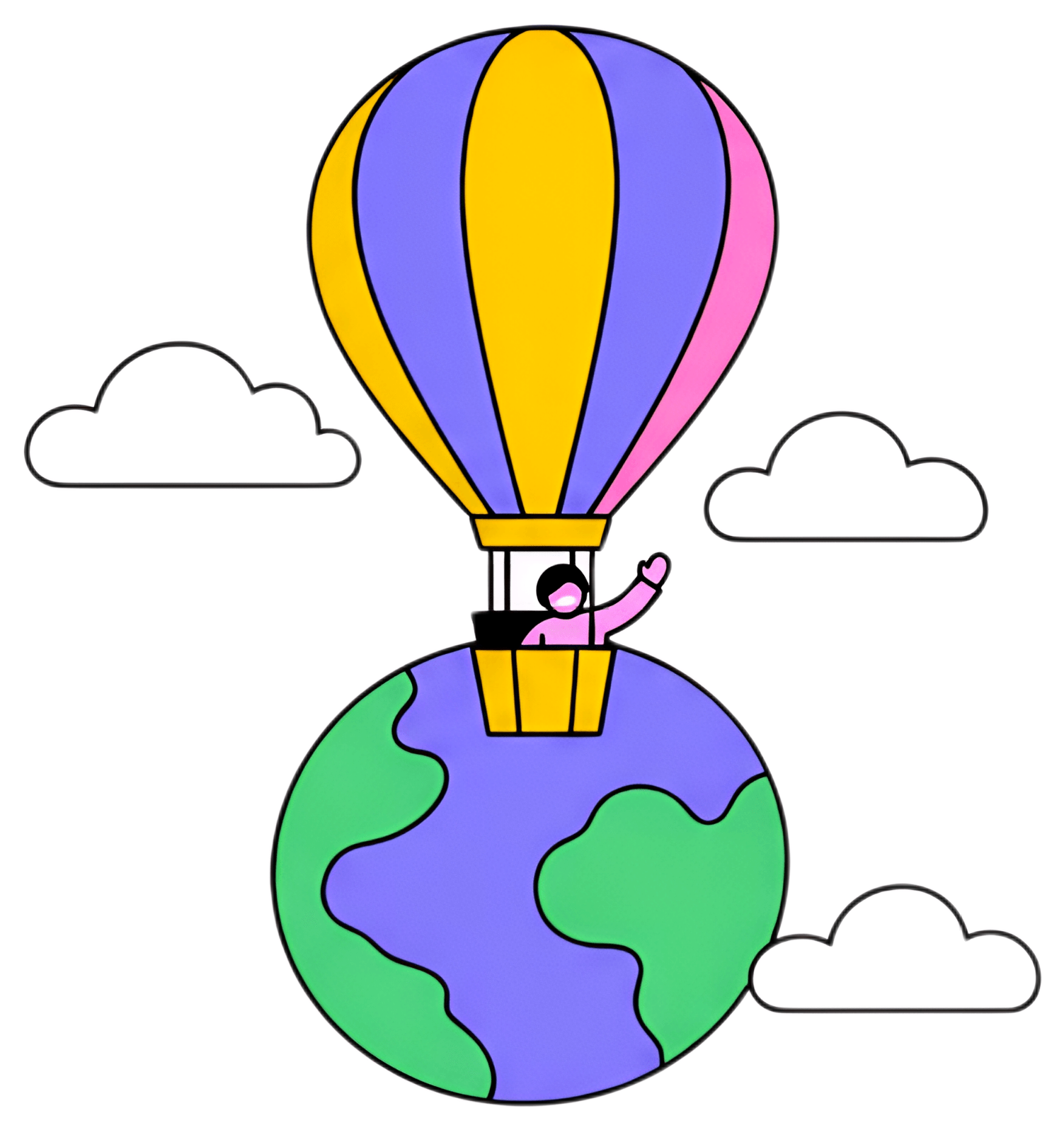 A vibrant hot air balloon with yellow, pink, and purple stripes floats above a globe, which is predominantly green and blue. White clouds surround the scene, enhancing the whimsical, flat illustration
