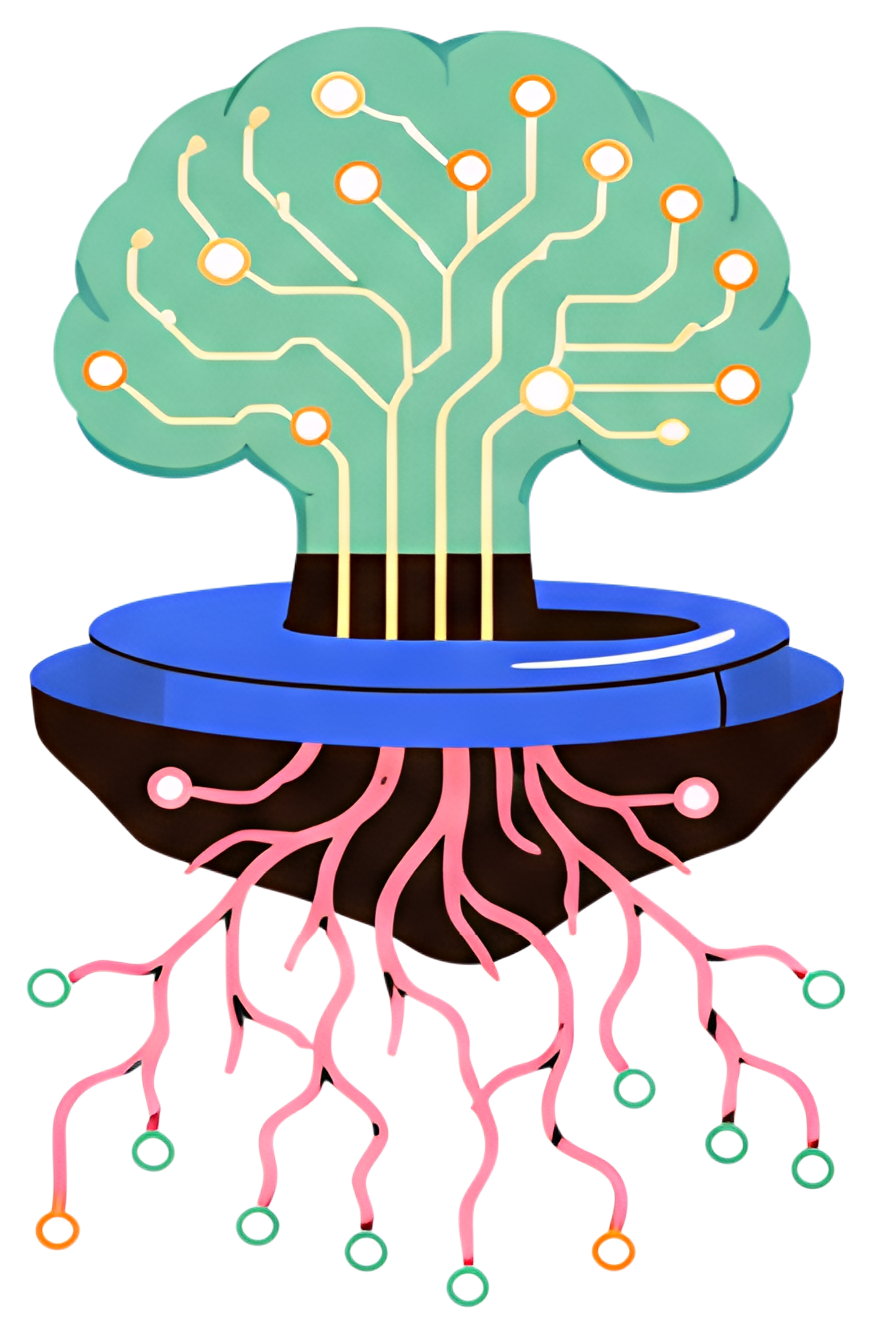 A vibrant representation of an AI brain in shades of green, encased in a blue sphere. The brain features circuit-like patterns, with pink roots extending downward, illuminated by colorful nodes that d