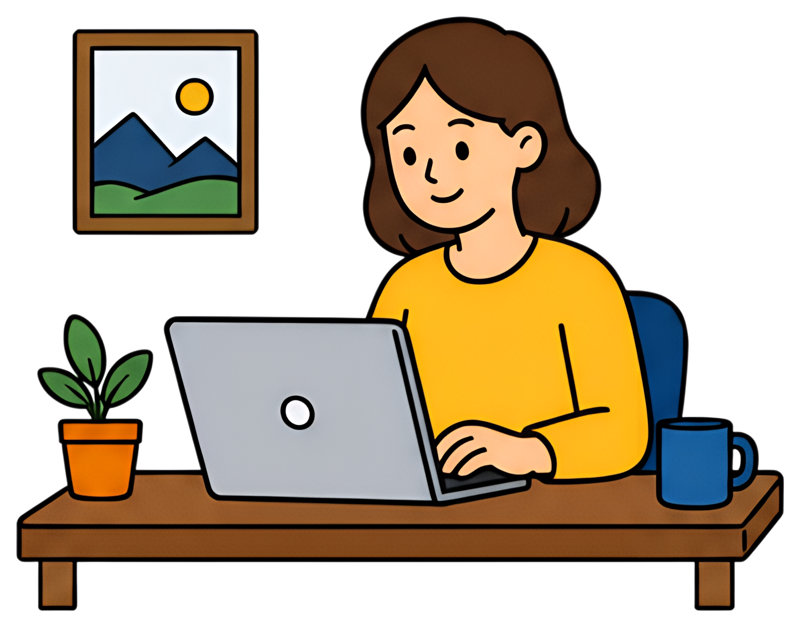 A person sits at a wooden desk working on a laptop, dressed in a yellow shirt. A potted plant and a blue mug are next to the laptop, and a framed landscape painting hangs on the wall behind them. The