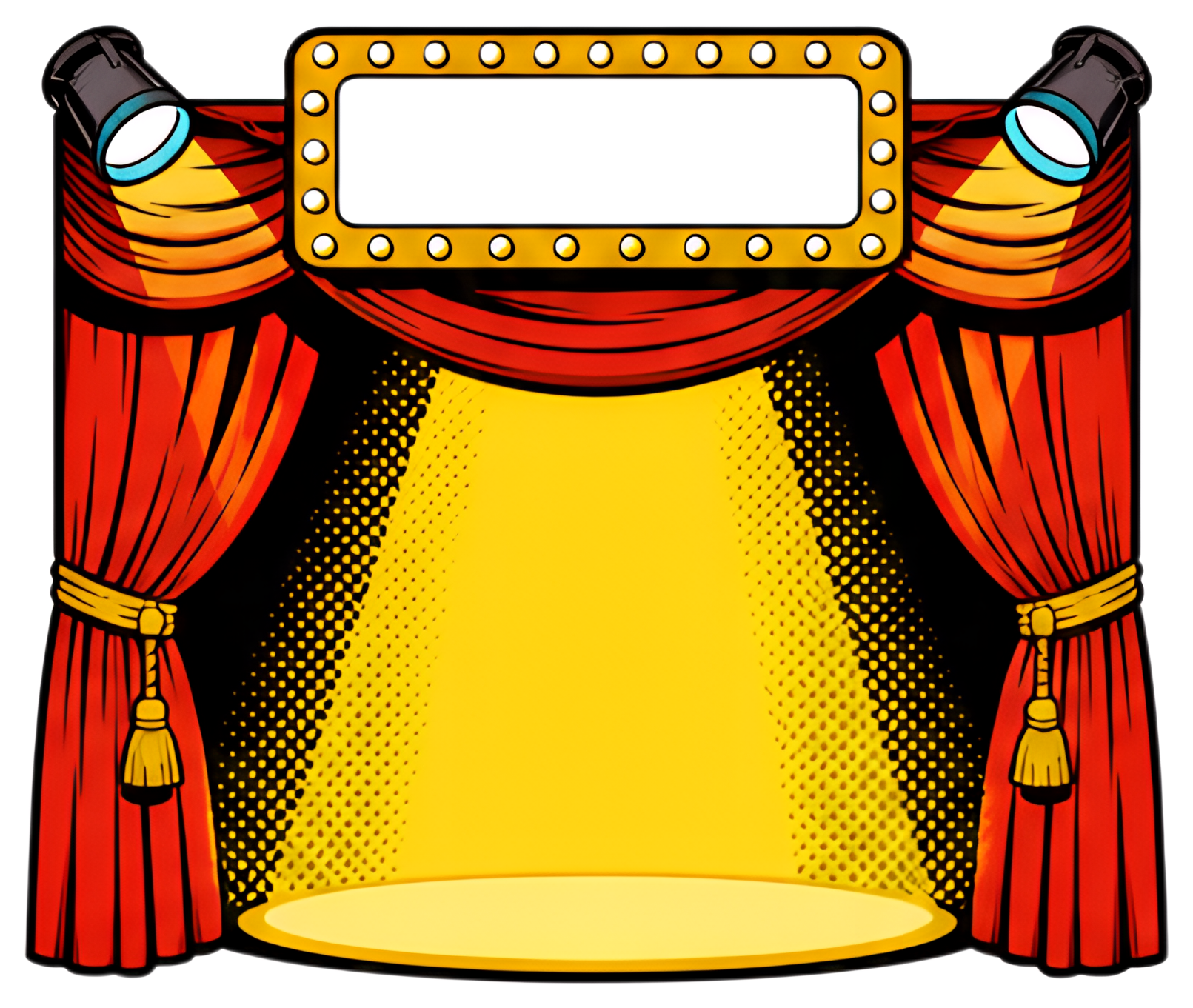 A vibrant illustration featuring an open theater curtain in red, illuminated by two spotlights. A strong yellow beam of light shines from the center, with an empty marquee at the top for customization