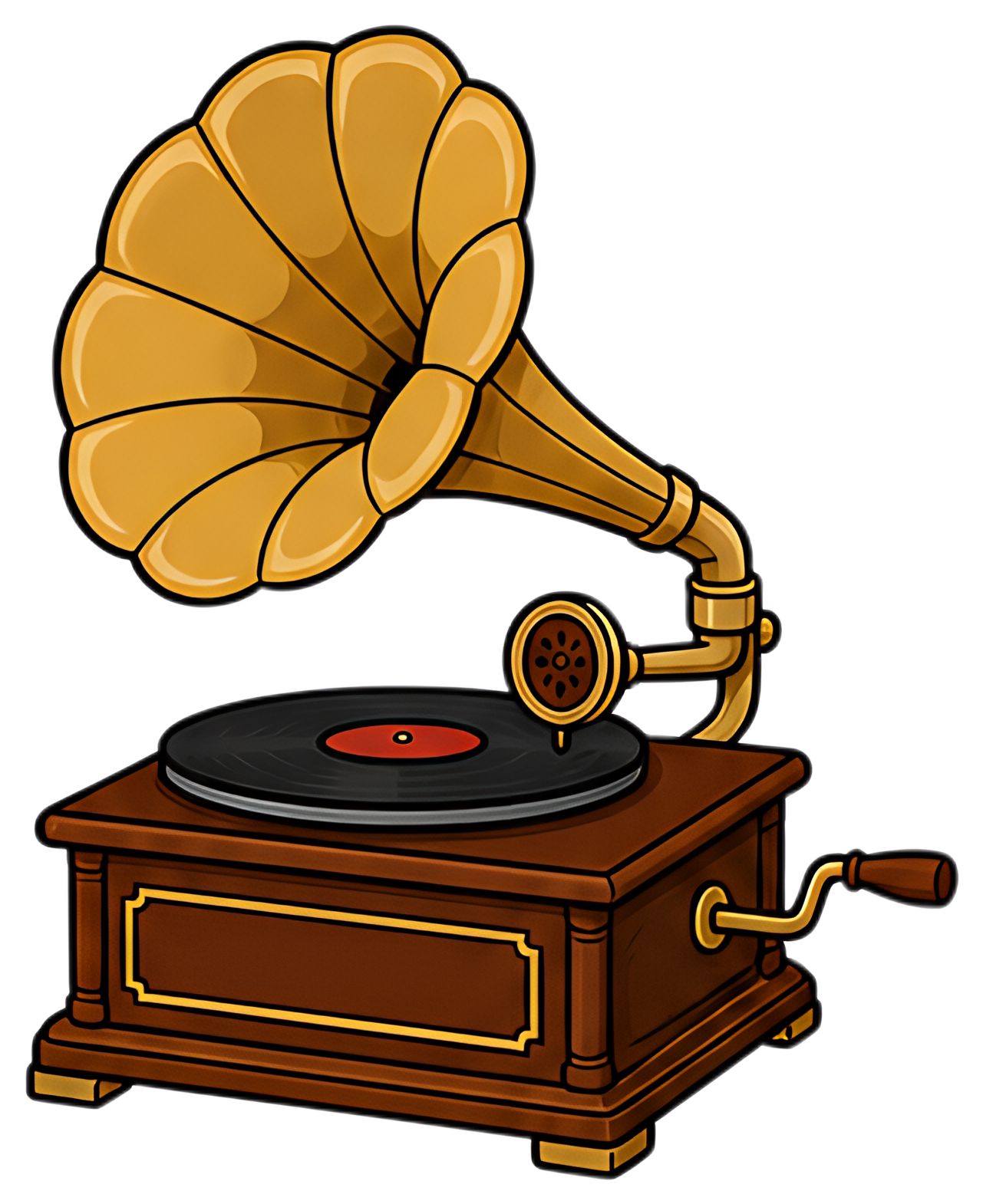 A vintage gramophone featuring a large horn speaker and a spinning record on a wooden base. The gramophone has rich brown tones and golden accents, exuding a classic retro aesthetic. Details include a