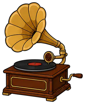 A vintage gramophone featuring a large horn speaker and a spinning record on a wooden base. The gramophone has rich brown tones and golden accents, exuding a classic retro aesthetic. Details include a