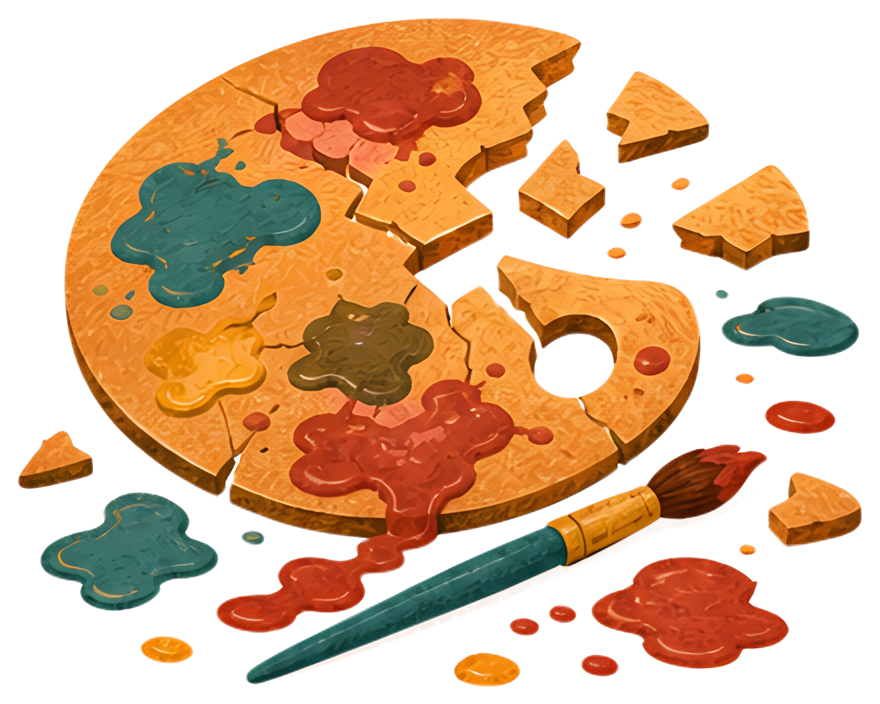 A broken wooden palette sits on a table, scattered with vibrant, mixed paints in shades of green, red, yellow, and blue. Shards of the palette are visible alongside paint droplets and a paintbrush, ev