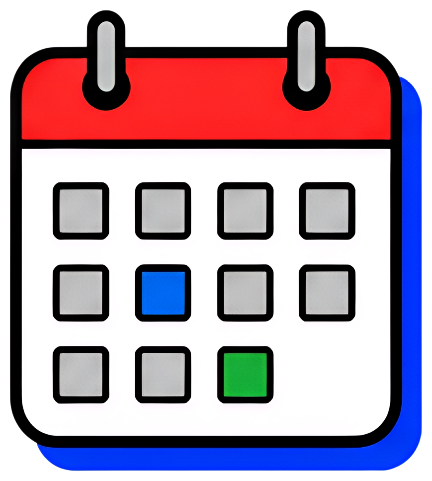 A vibrant icon of a calendar featuring a red header and multiple grid boxes in grey. Notable colors include a blue square and a green square within the calendar grid. The calendar is outlined in black