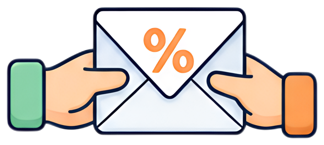 Two hands reach toward each other, passing a white envelope featuring a bold orange percent sign. The hands are colored in teal and orange, creating a vibrant contrast against the white envelope.