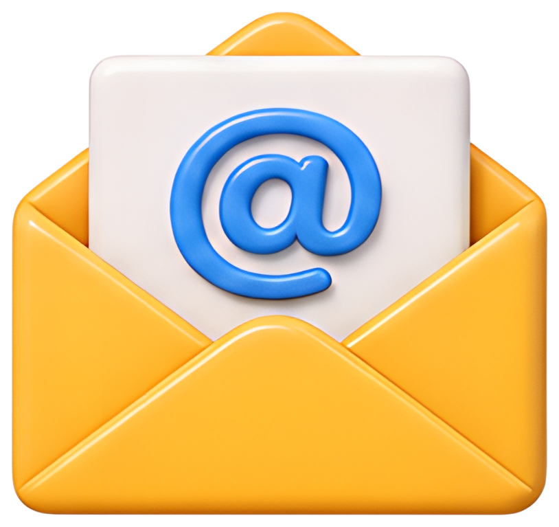 A vibrant yellow envelope icon featuring a white card with a blue '@' symbol prominently displayed. The design is glossy and modern, emphasizing communication through email.