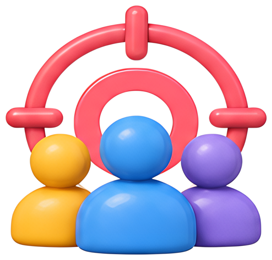Three stylized figures in yellow, blue, and purple are arranged in front of a pink target symbol. The figures are glossy and rounded, emphasizing a friendly and approachable design. The dominant color