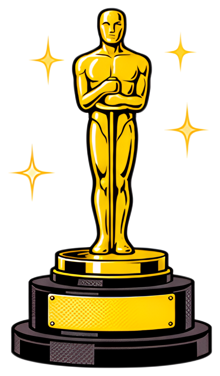 A shiny golden Oscar statuette stands on a black pedestal, adorned with a silver base. Sparkles surround the figure, emphasizing its prestigious appearance. The pedestal features a blank plate for an 