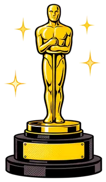 A shiny golden Oscar statuette stands on a black pedestal, adorned with a silver base. Sparkles surround the figure, emphasizing its prestigious appearance. The pedestal features a blank plate for an 