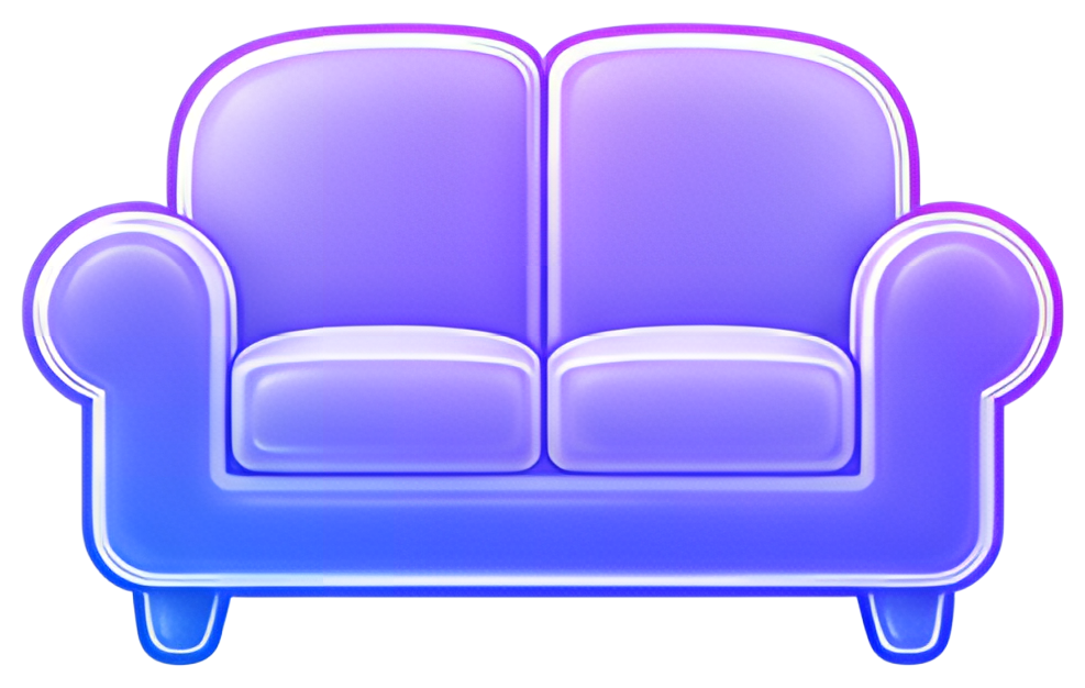 A stylized, glossy sofa illustration with soft curves, predominantly in shades of purple and blue. The sofa features thick cushions and rounded armrests, giving it a cozy appearance.