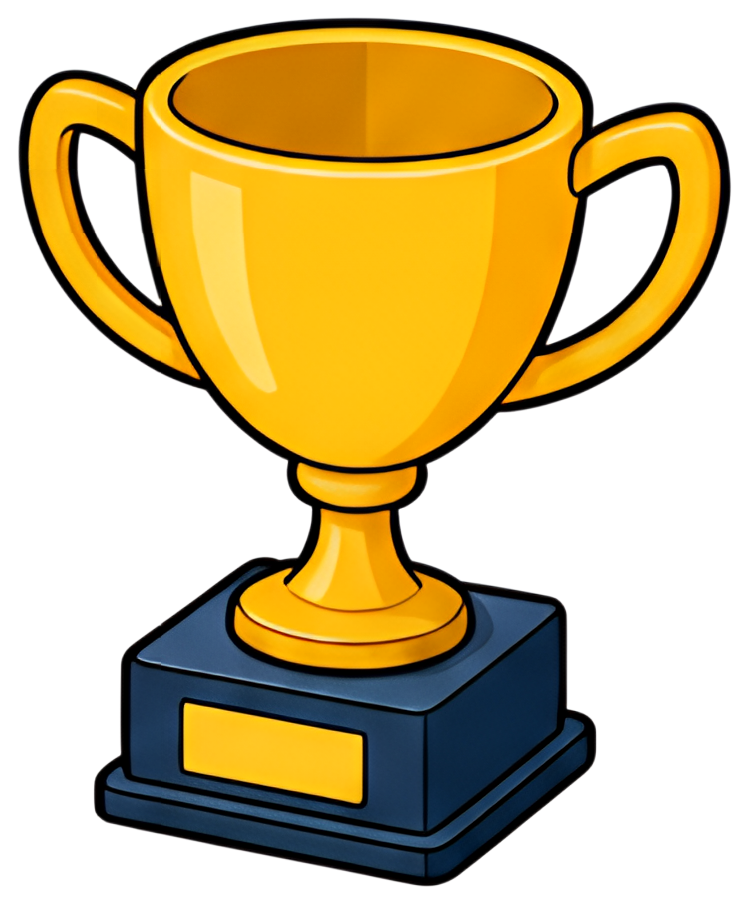 A shiny gold trophy with a wide bowl and large handles, perched on a dark blue base. The trophy is polished and reflective, emphasizing its prestigious appearance, ideal for celebrating achievements.
