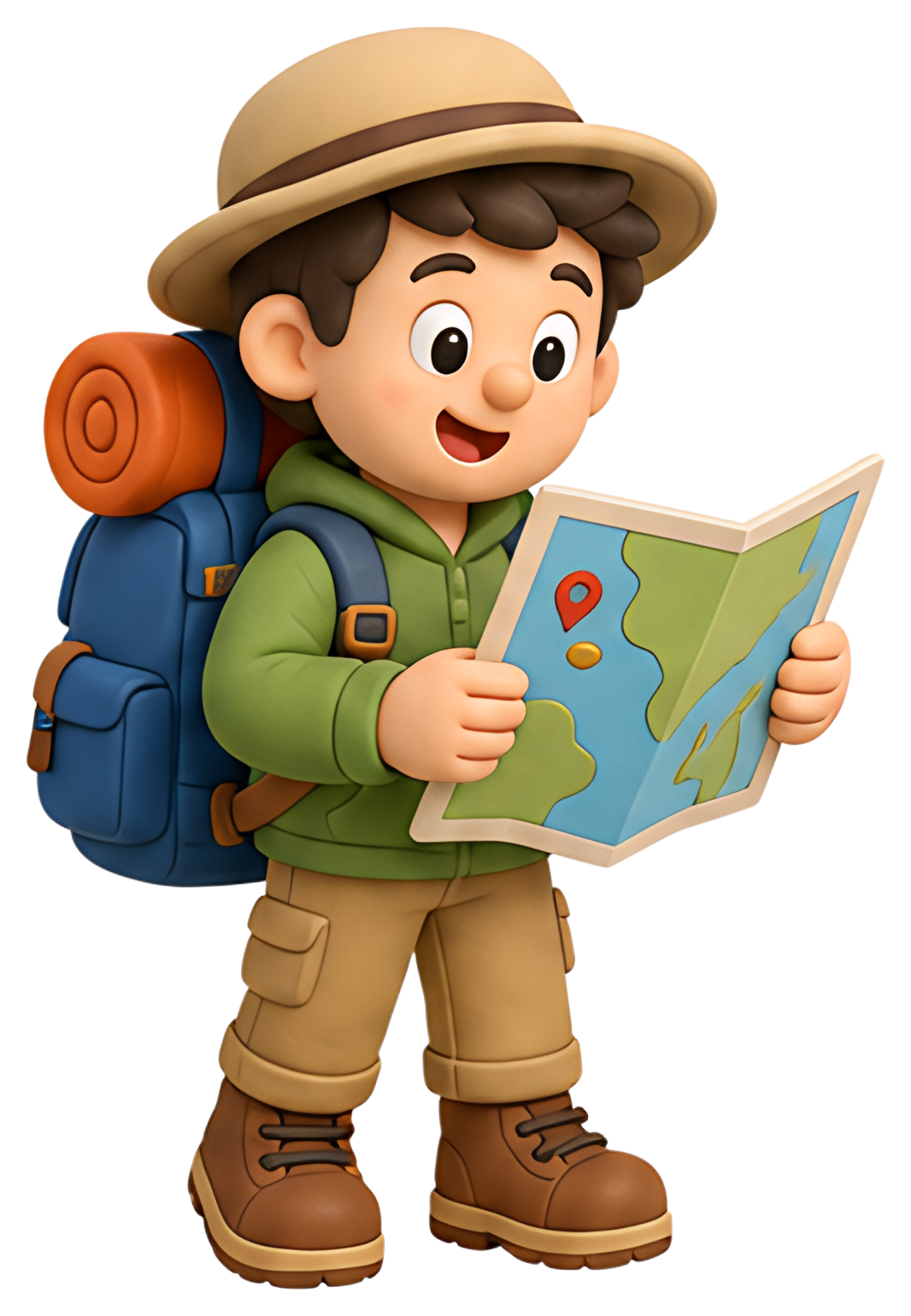 A young traveler stands with a backpack and map in hand, looking excited and engaged. He wears a green hoodie, light-brown shorts, and sturdy brown boots, with a rolled-up sleeping bag attached to the
