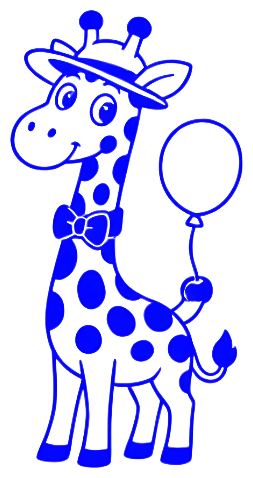 A playful giraffe with a blue polka-dotted pattern is wearing a hat and holding a balloon. The giraffe is drawn in a cartoonish style with bold outlines and a cheerful expression, set against a black,