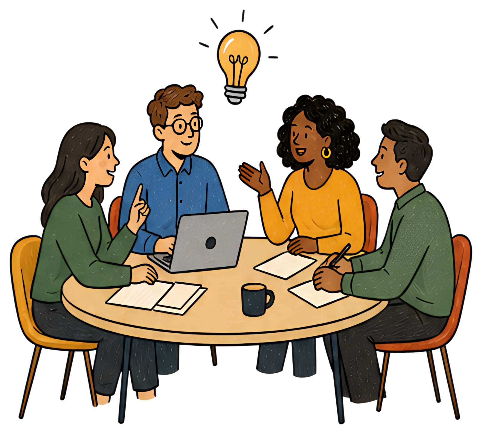 A team of four individuals is gathered around a wooden table, actively discussing ideas with a laptop and notepads in front of them. One person is animatedly speaking, while the others listen attentit