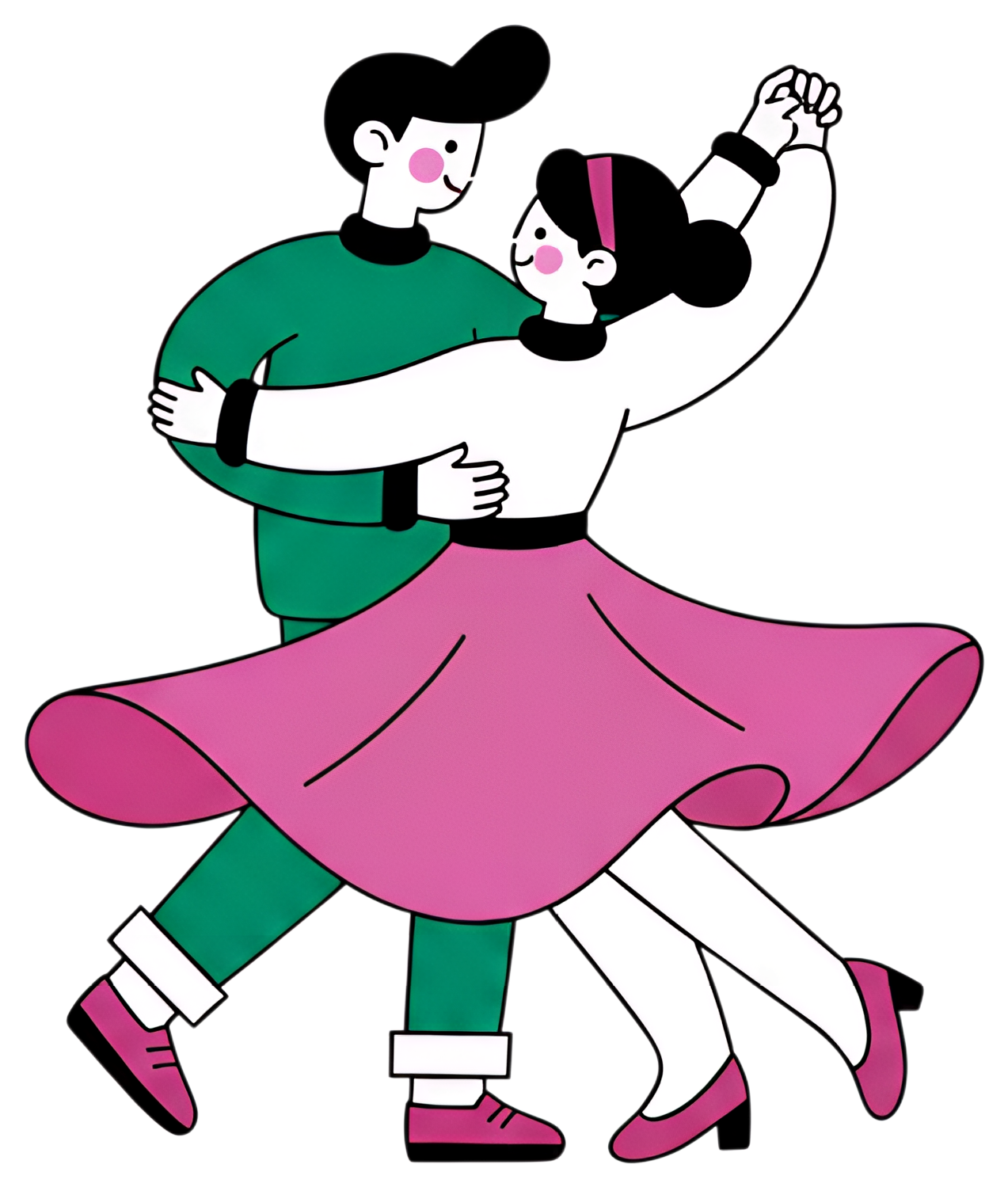 A joyful couple dances in a spinning embrace, showcasing their colorful outfits. The man wears a green shirt and white sleeves, while the woman is dressed in a pink skirt and black top, their skirts f