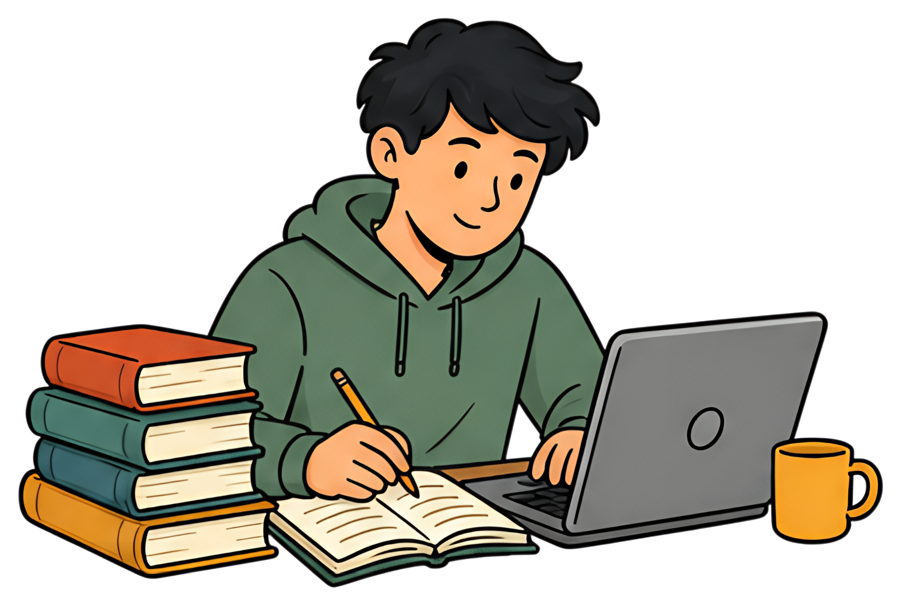 A student, wearing a green hoodie, sits at a wooden table engaged in studying with a laptop and an open notebook. Books are stacked beside him, along with a coffee mug. The illustration has a modern,