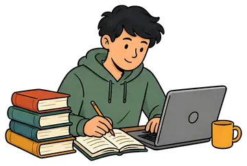Student Studying with Laptop and Books
