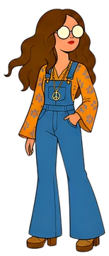 A girl embodies the 1970s style with long flowing hair, a colorful floral-patterned blouse, and blue denim overalls. She accessorizes with round glasses and a peace sign necklace, evoking a retro vibe