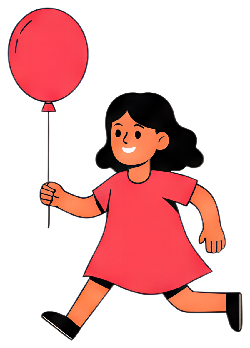 A cheerful girl in a bright red dress runs happily while holding a large red balloon. Her dark hair flows behind her as she moves, conveying a sense of joy and playfulness against a plain background.