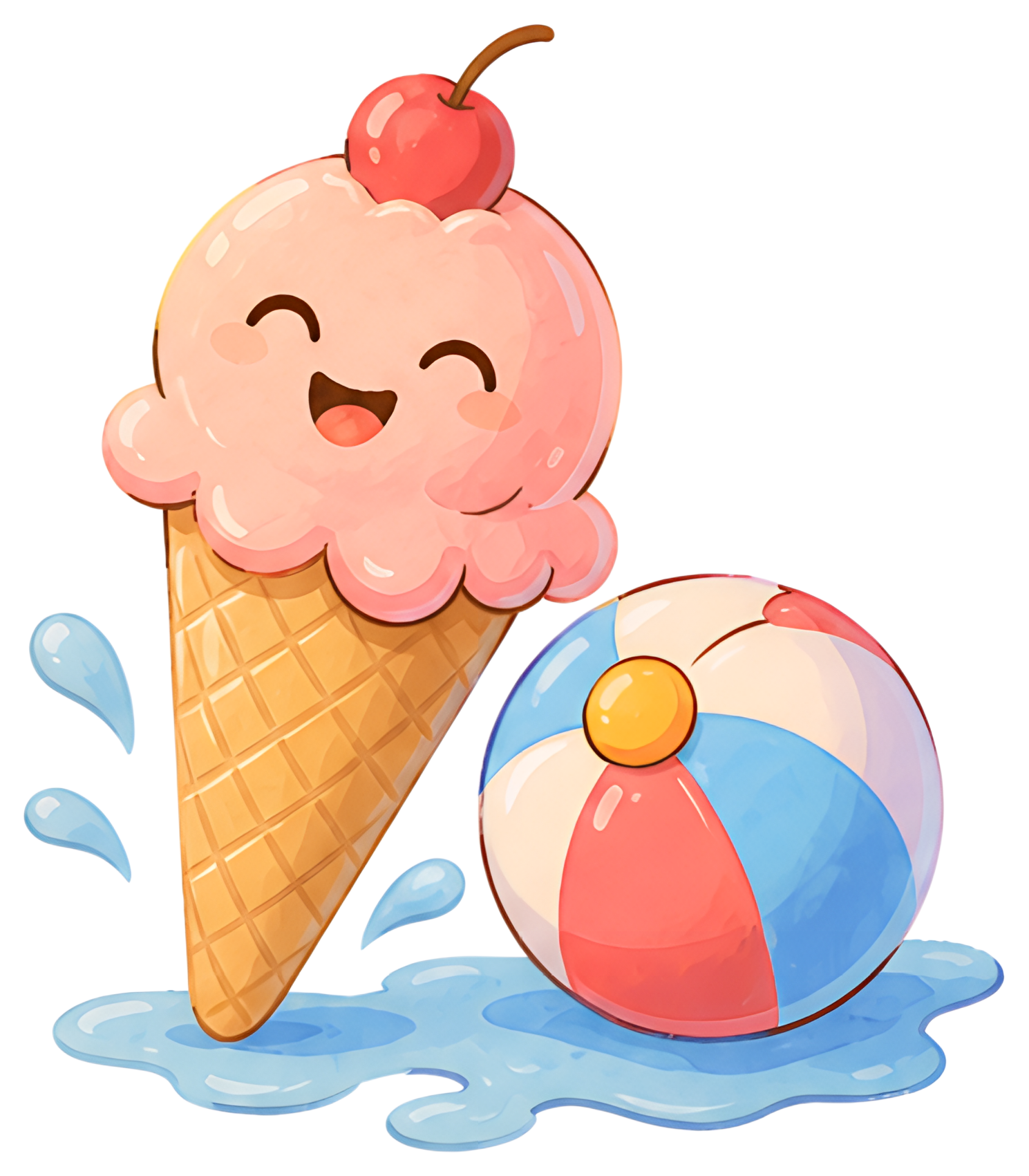 A happy ice cream cone with pink ice cream and a cherry on top stands beside a colorful beach ball. Water splashes surround the cone, enhancing the cheerful and summery vibe.