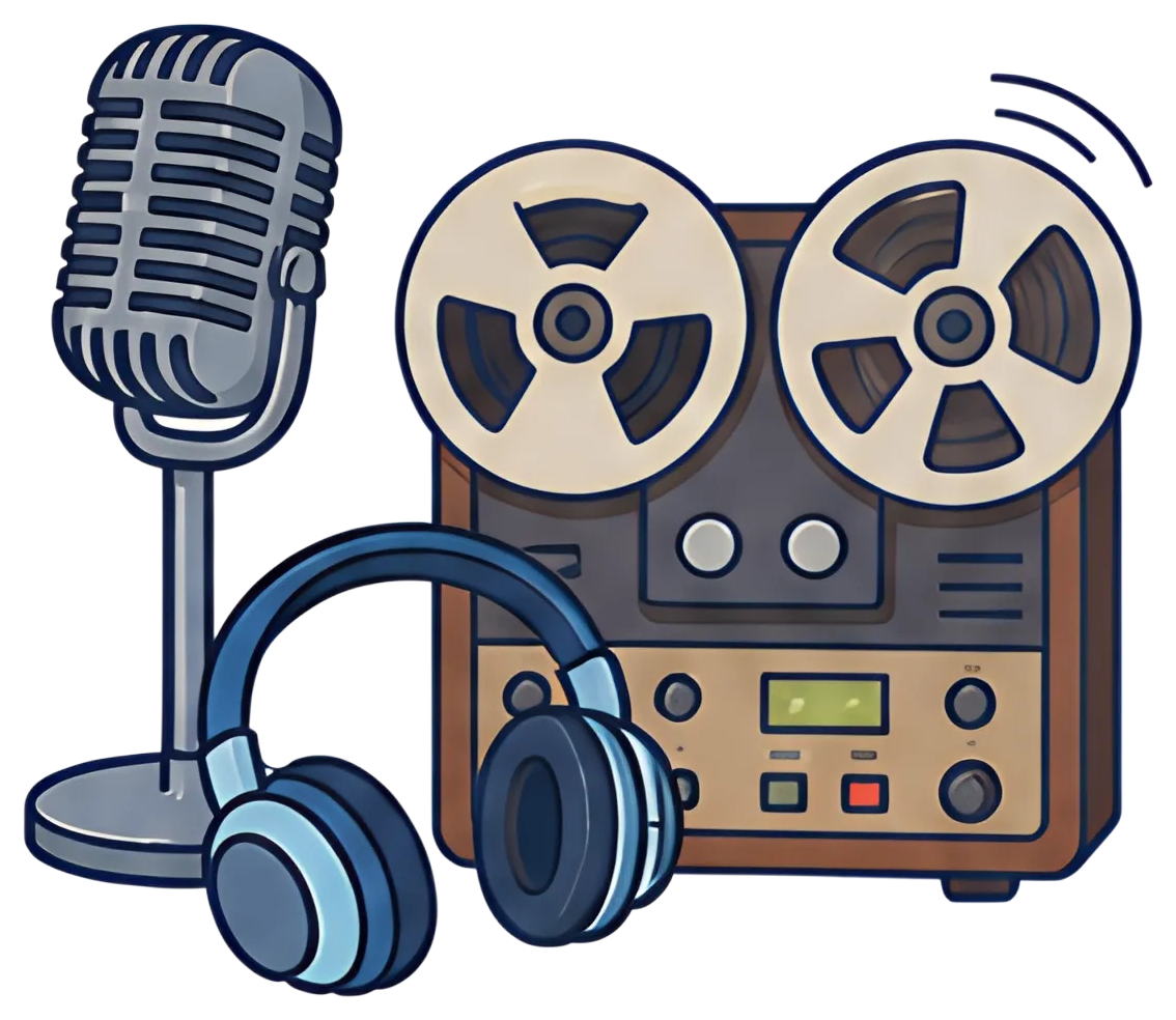 A retro-styled microphone and blue headphones are positioned next to a reel-to-reel tape recorder. The tape reels are prominently displayed, creating a nostalgic music production scene with soft grey,
