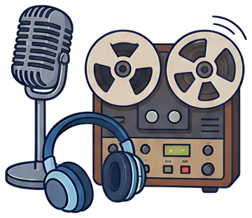 A retro-styled microphone and blue headphones are positioned next to a reel-to-reel tape recorder. The tape reels are prominently displayed, creating a nostalgic music production scene with soft grey,