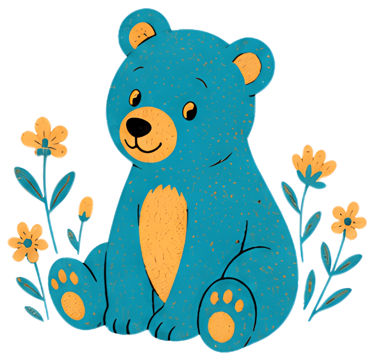 A happy bear cub with a bright blue coat and an orange belly sits amidst colorful wildflowers. The bear's gentle expression contrasts with the vibrant floral details surrounding it, adding a cheerful,