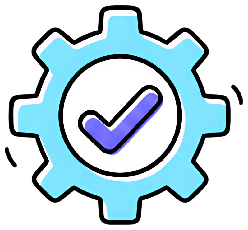 A stylized gear icon features a circular center with a check mark inside, colored in light blue and purple. The gear’s edges are outlined in black, emphasizing its shape and giving it a bold look.