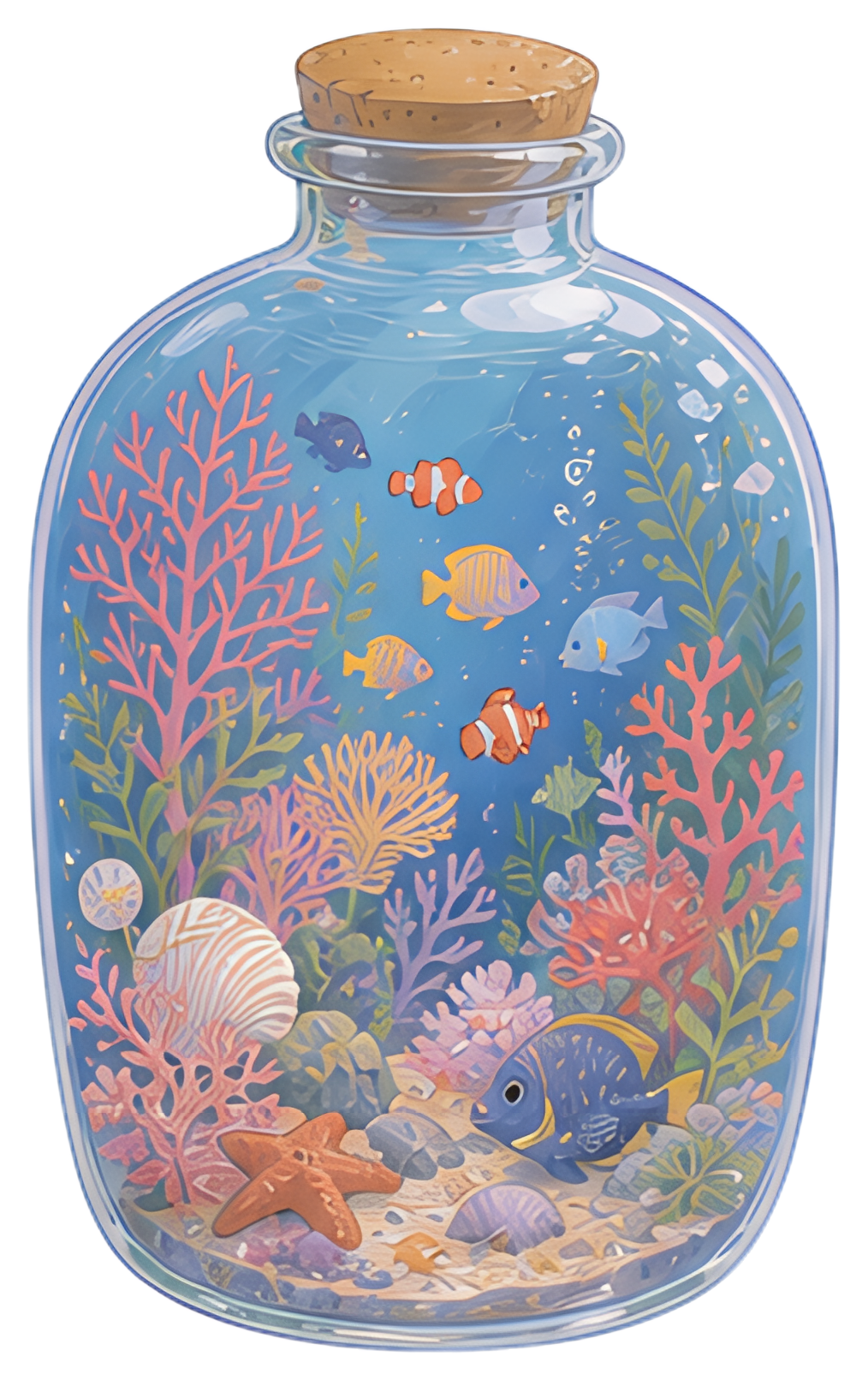 A glass bottle contains a vibrant underwater scene showcasing colorful corals, various fish, and seashells. The background features blue water, giving a lively impression of a coral reef environment.