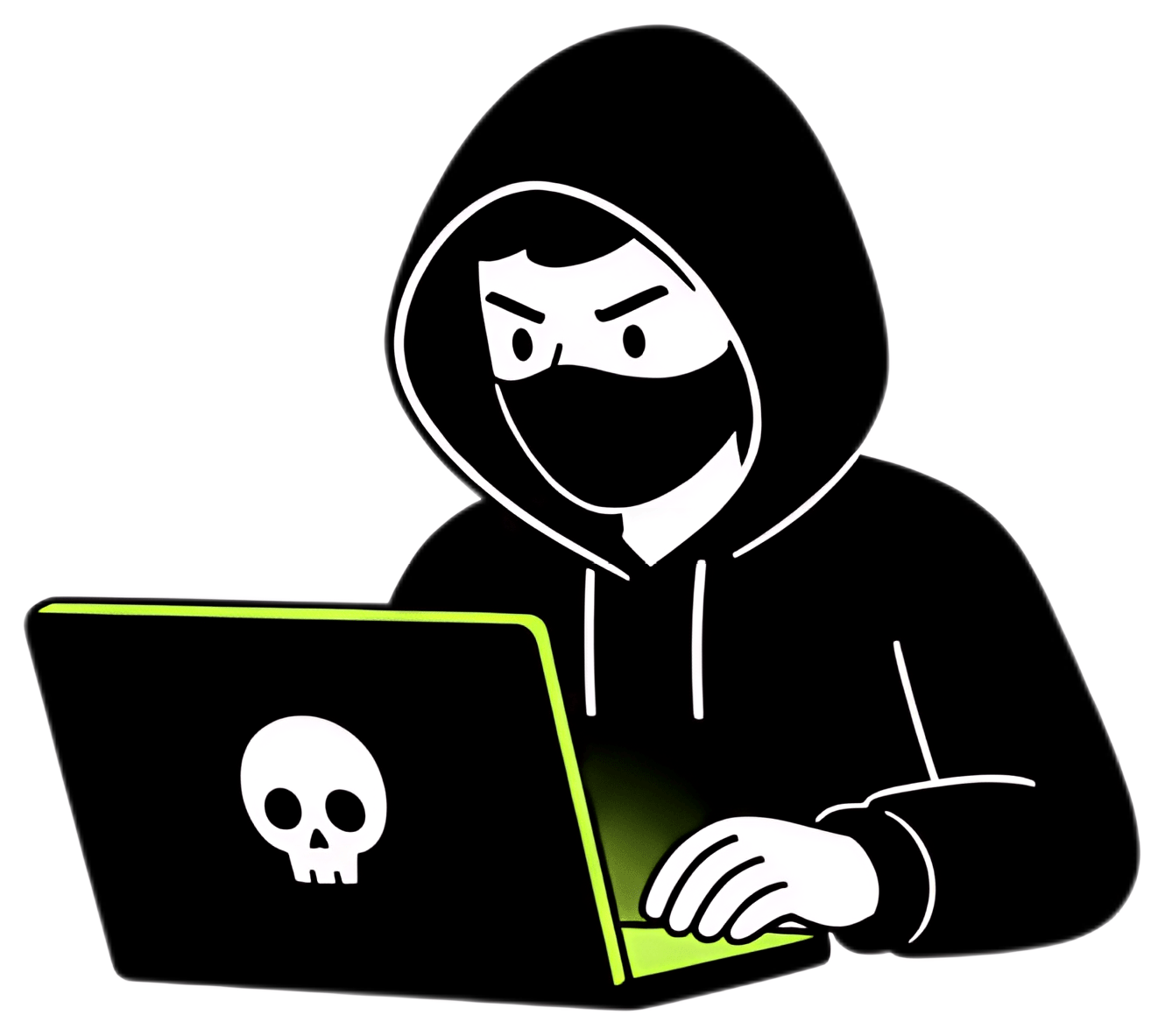 A hacker, wearing a mask and hoodie, intensely types on a laptop illuminated by a bright green light. The laptop displays a skull symbol, and the background is solid black, enhancing the dramatic, moé