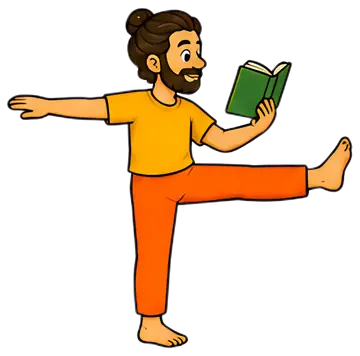 A cheerful person with a beard balances on one leg while reading a green book. They wear an orange shirt and pants, with a lively expression, illuminating a playful and engaged atmosphere against a no