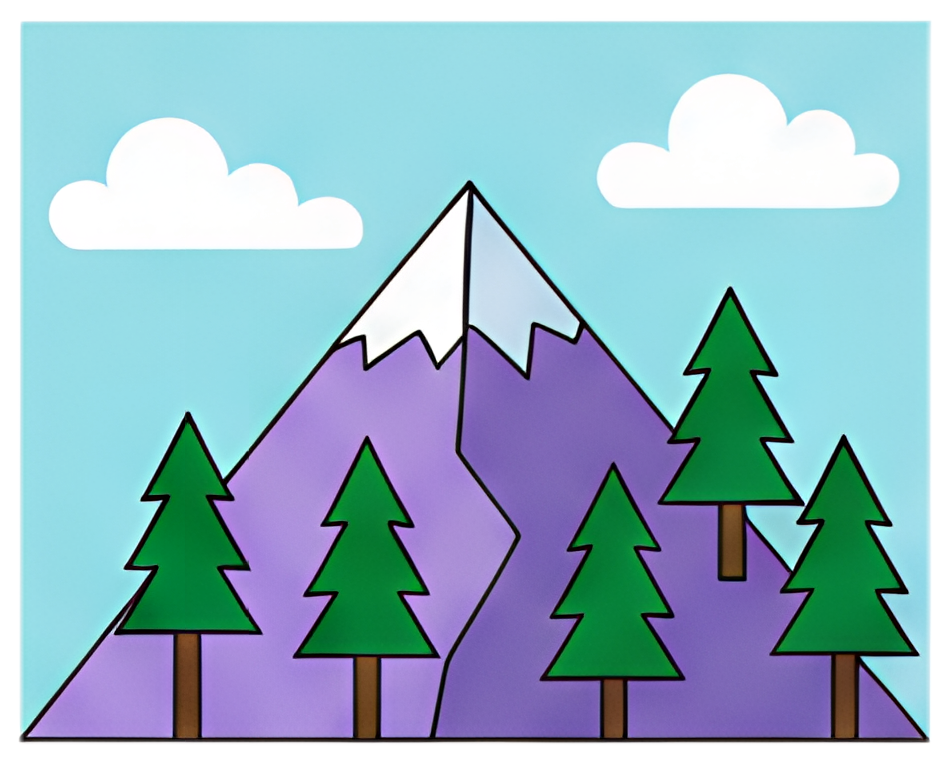 A stylized mountain landscape featuring a prominent purple mountain capped with snow, surrounded by green pine trees and fluffy white clouds against a light blue sky. The colors are vibrant and flat,,