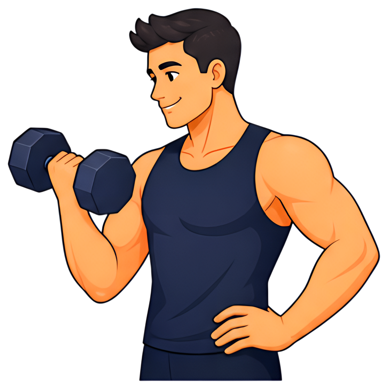 A muscular person is confidently lifting a dumbbell in one hand, wearing a sleeveless navy tank top. The character has a friendly expression and defined biceps, showcasing commitment to fitness with a