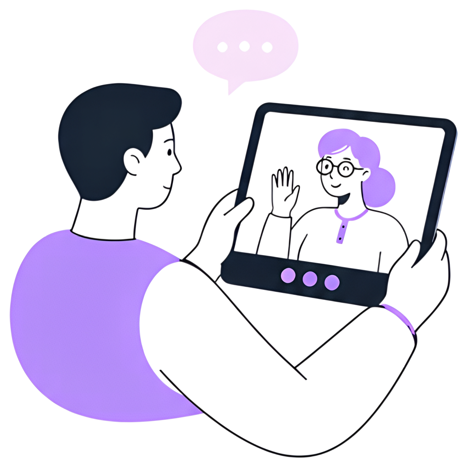 A freelancer is engaged in a video call, holding a tablet that shows a smiling client waving. The scene features a modern, minimalistic design with a focus on the individual's facial expressions and a