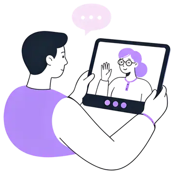 A freelancer is engaged in a video call, holding a tablet that shows a smiling client waving. The scene features a modern, minimalistic design with a focus on the individual's facial expressions and a