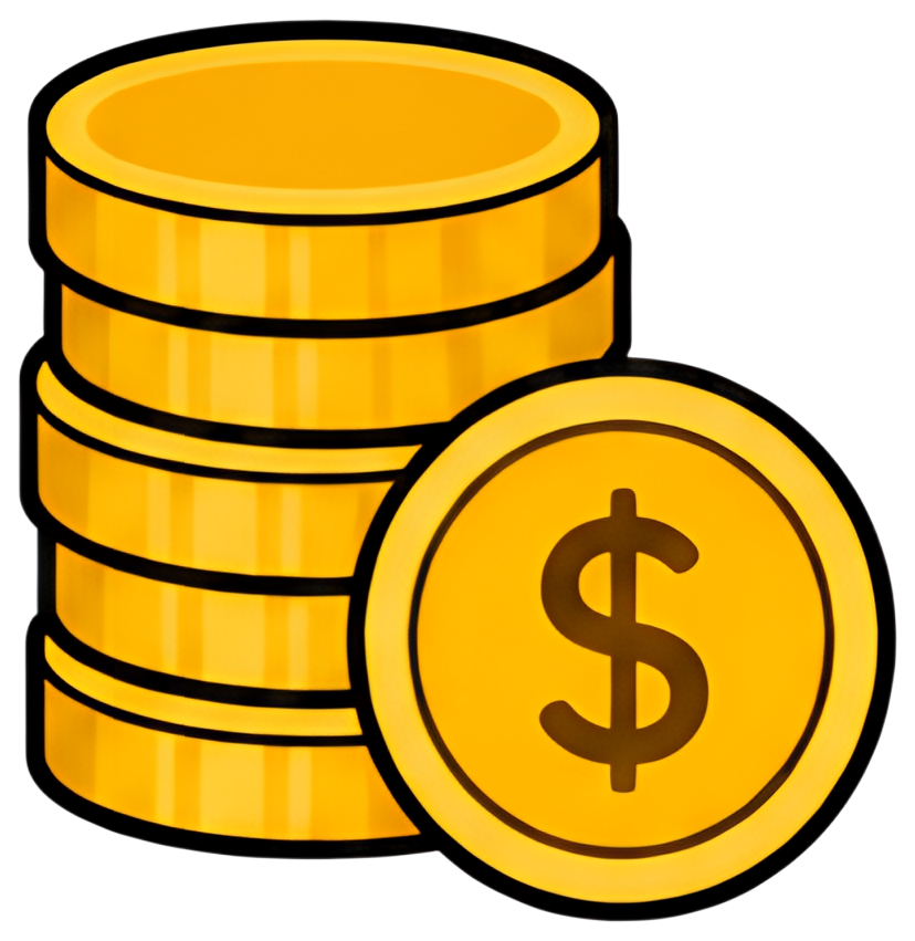 A stack of shiny golden coins with one larger coin laid to the side featuring a dollar sign. The colors are bright and vivid, emphasizing the value and savings theme.