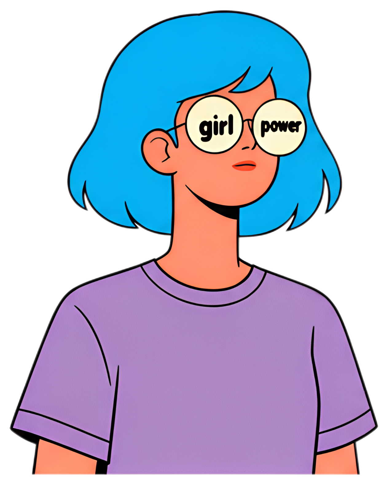 A stylized character with a short bob haircut in vibrant blue, wearing large round glasses that say 'girl power'. The character is dressed in a simple purple t-shirt, standing against a plain backdrop