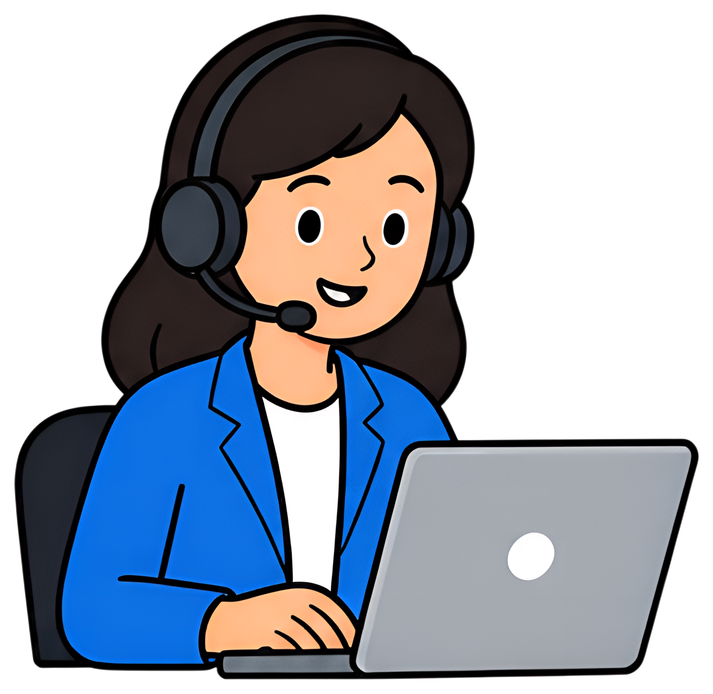 A friendly support agent with a headset smiles while working at a laptop. The agent wears a blue blazer and is engaged in assisting customers, with a modern and clean design style.