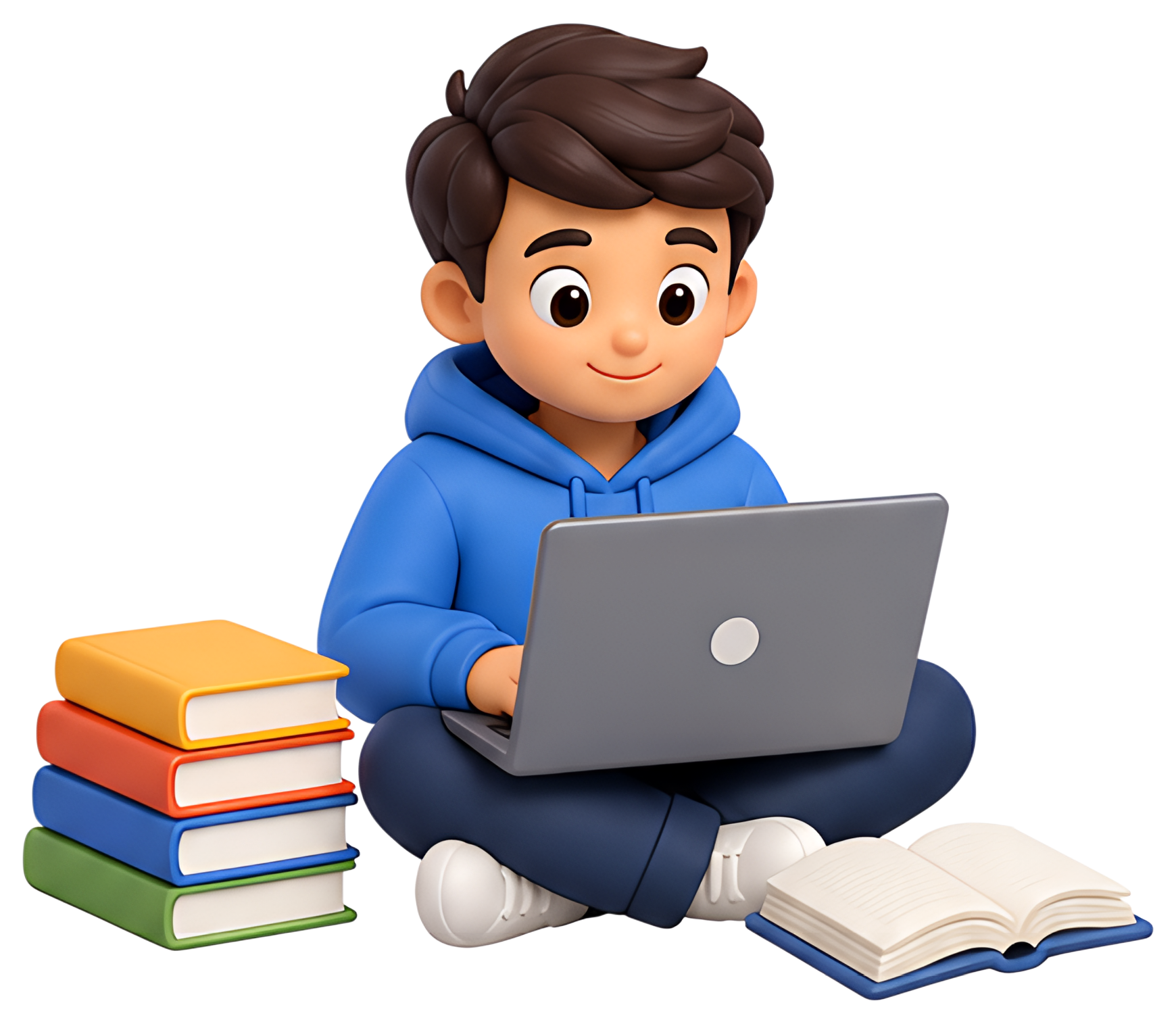 A young student sitting cross-legged on the floor, focused on a laptop. Surrounding the student are colorful stacked books, including orange, red, and green volumes, with an open book placed beside. D