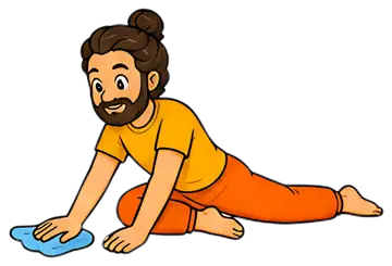 A yoga teacher is depicted in a pigeon pose, focused on cleaning the floor with a cloth. He wears an orange outfit and a yellow shirt, showcasing a playful and relaxed style with a cheerful expression