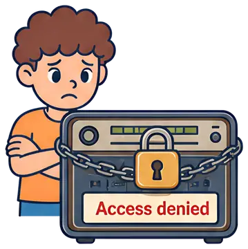 A concerned boy stands with his arms crossed in front of a radio, which is secured with a chain and padlock. A sign saying 'Access denied' is prominently displayed on the front of the radio, adding to