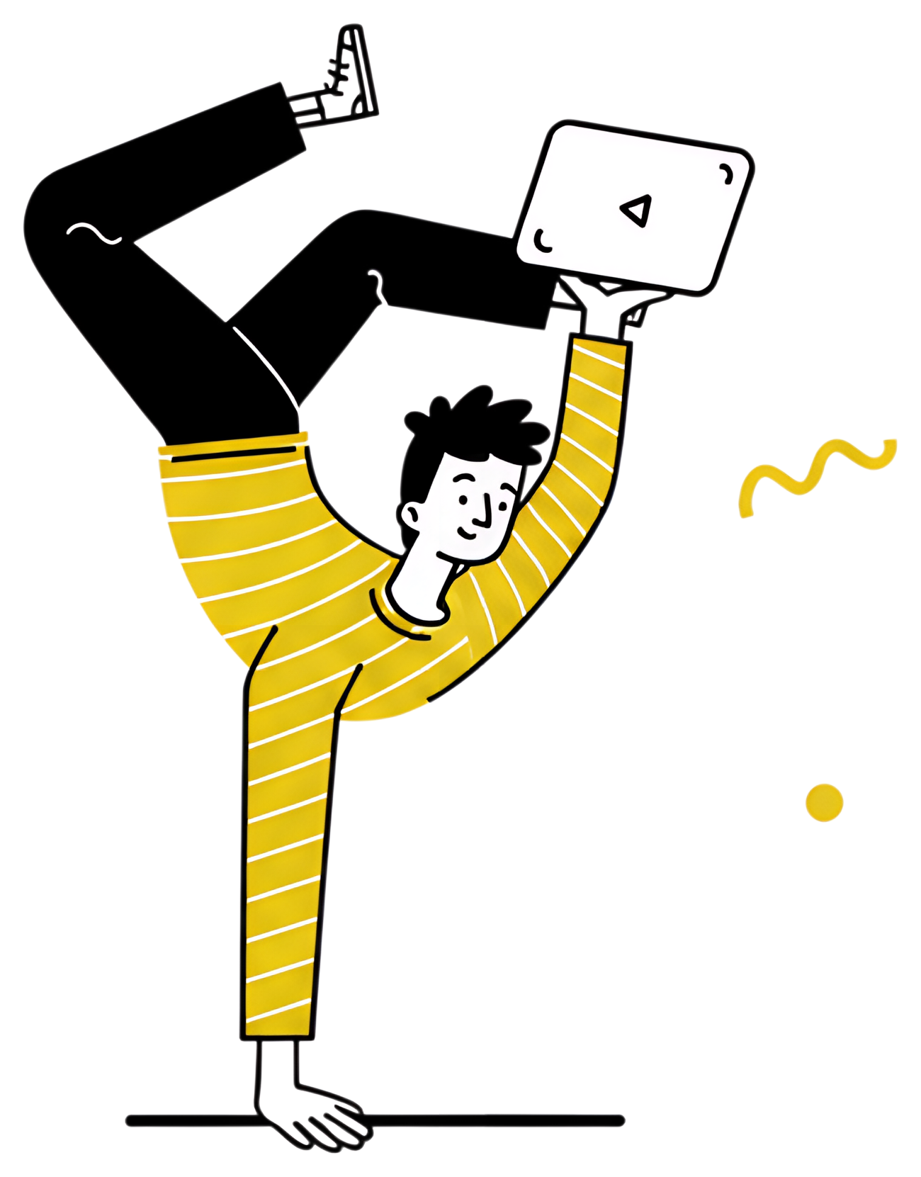 A flexible freelancer performs a handstand while holding a laptop above his head. He wears a yellow striped shirt, with a playful expression, showcasing his impressive balance and dedication to work.