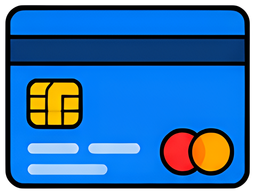 A bright blue credit card features a gold chip on the left, a horizontal dark blue stripe at the top, and two circular logos in red and yellow on the right. The design includes three horizontal lines,