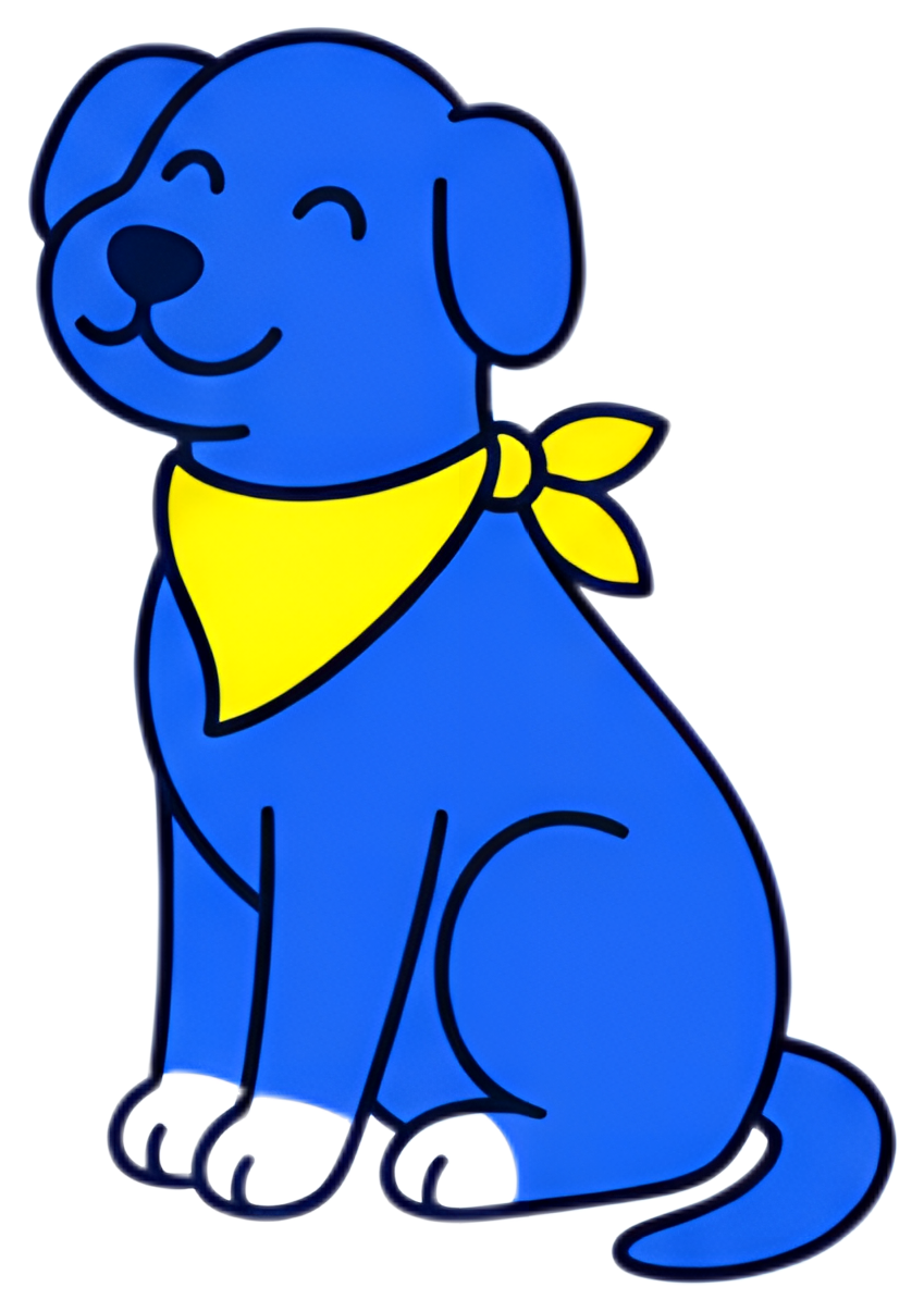 A cheerful blue dog sits with a big smile and a yellow bandana around its neck. The illustration features bold outlines and a simplistic style, highlighting the dog's friendly demeanor.