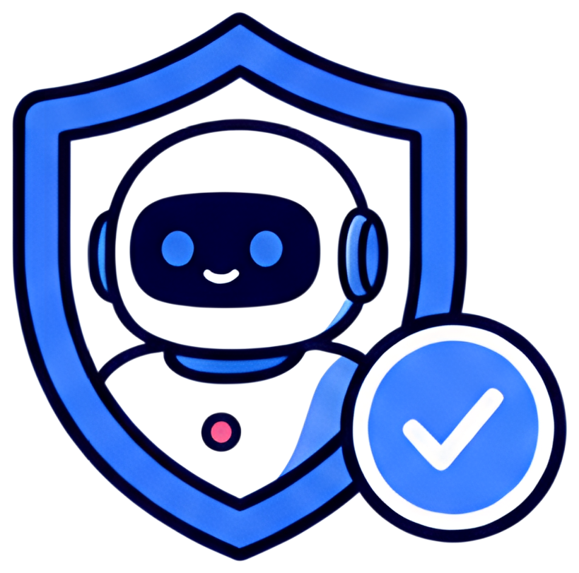 A friendly robot character is enclosed within a blue shield, accompanied by a circular checkmark. The color palette features bright blues, along with black and white accents, giving it a modern and gl