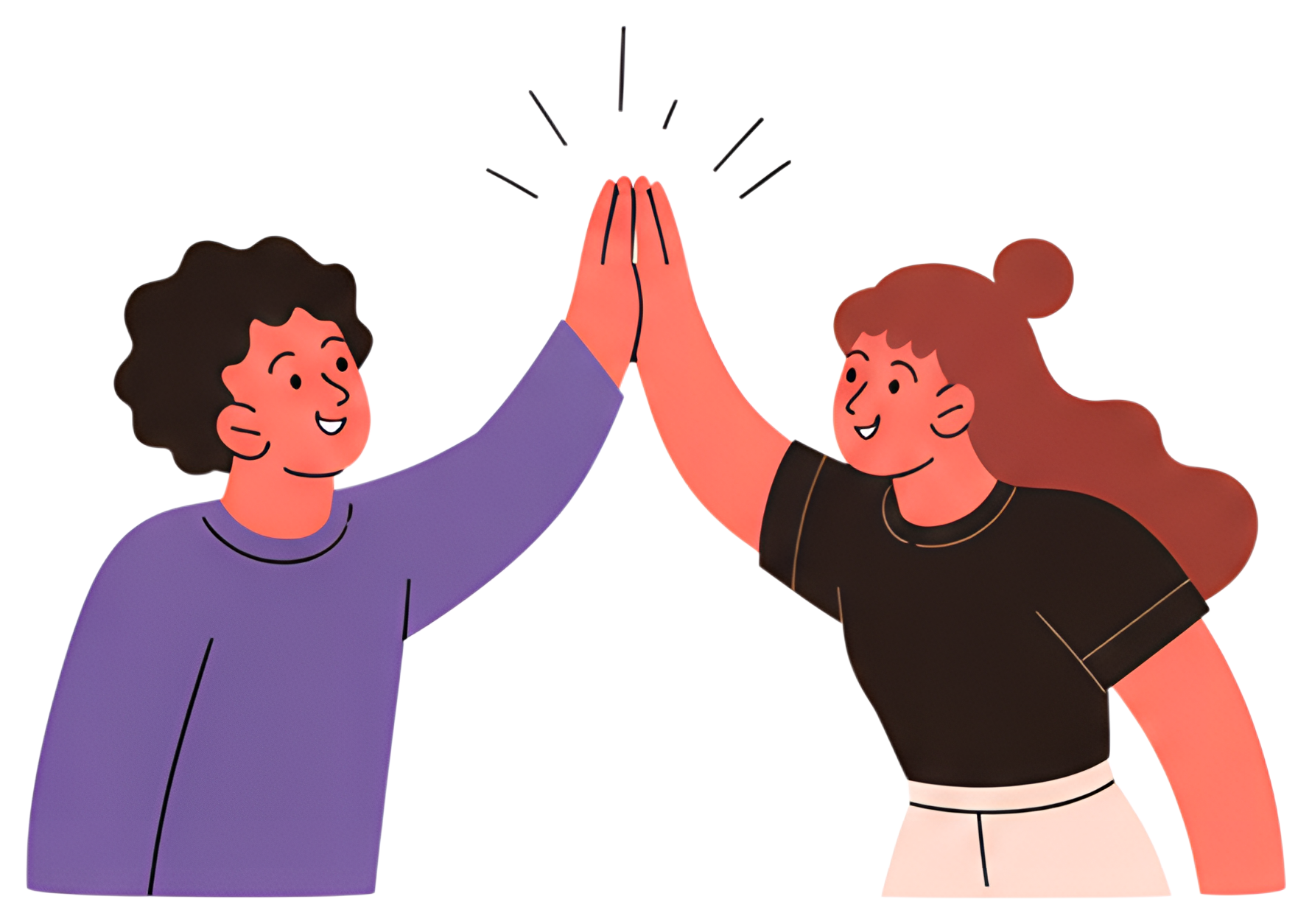 Two characters are high-fiving each other, both wearing cheerful expressions. One character has curly hair and is dressed in a purple sweater, while the other has straight hair tied in a bun and wears